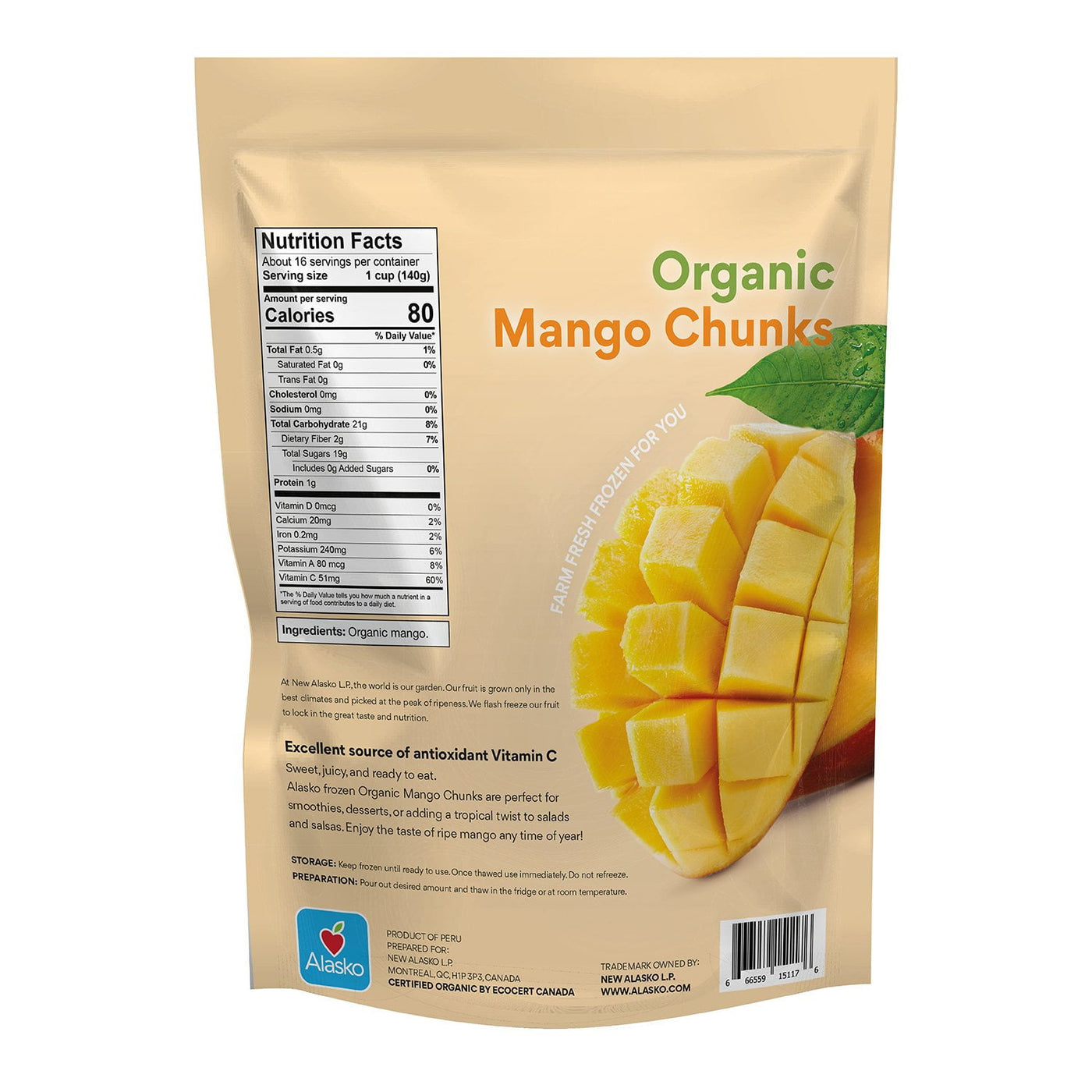 Alasko Organic Mango Chunks, Frozen, 5 lbs.